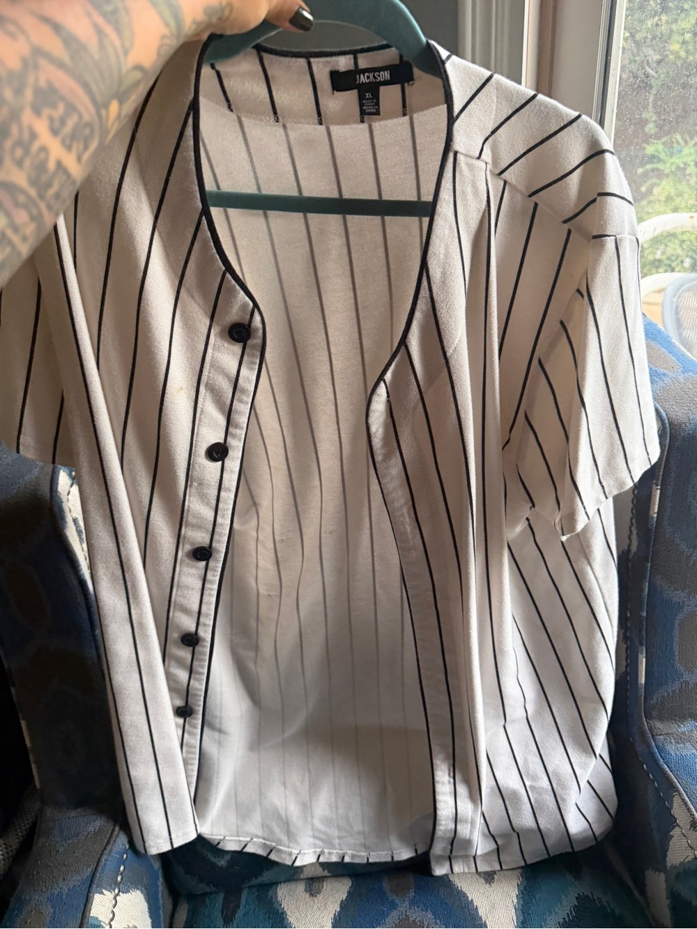 JACKSON White Baseball-Style Pinstripe Shirt with Black Trim